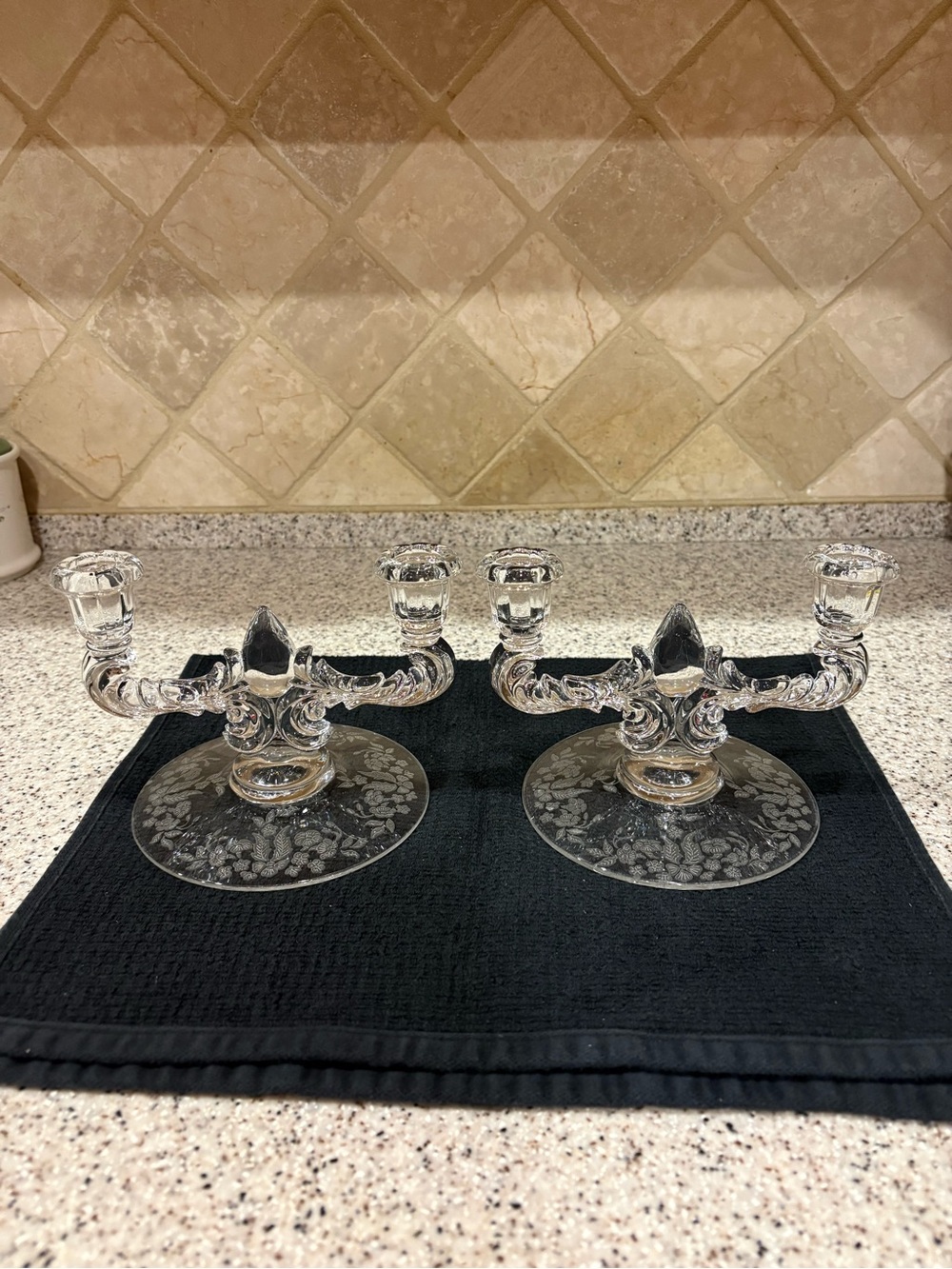 Pair of Etched Crystal Two-Arm Candle Holders - Clear
